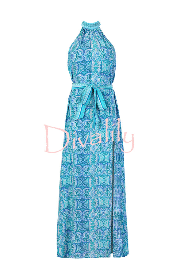 Unique Print Sexy Off-the-shoulder Waist Tie Slit Holiday Midi Dresses