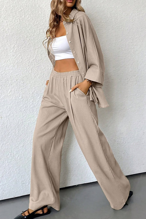 Solid Color Loose Casual Shirt and Elastic Waist Pocket Wide Leg Pants Set