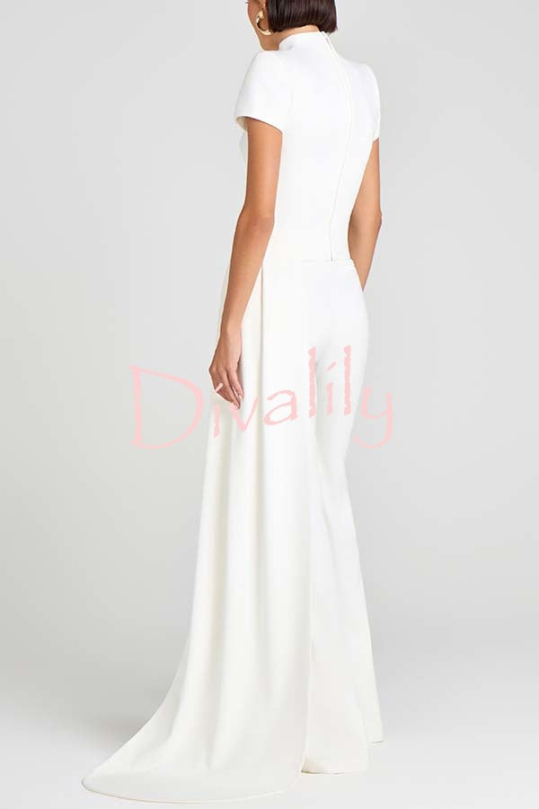 Pippa High Neck Short Sleeve Irregular Drape Hem Top and Elastic Waist Flare Pants Set