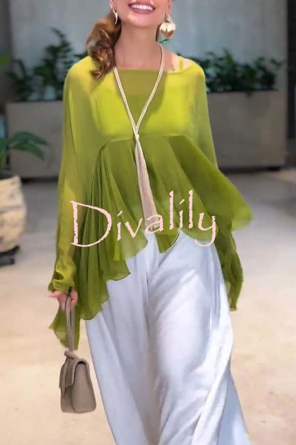 Romantic Journey Chiffon Ruffle Batwing Sleeve Top and Elastic Waist Pocket Loose Pants Set