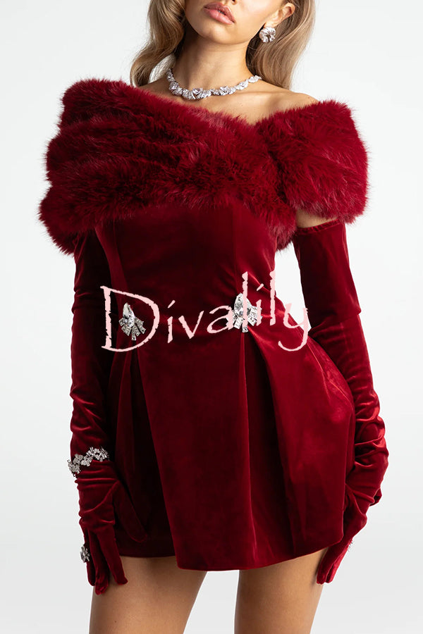 Stylish Velvet Off-shoulder Fitted Mini Dress and Fluffy Shawl, Velvet Gloves Three-piece Set