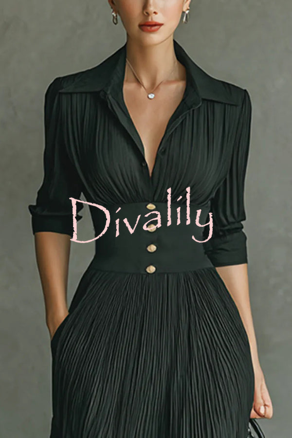 Fashionable Pleated Lapel Waist Button Maxi Dress