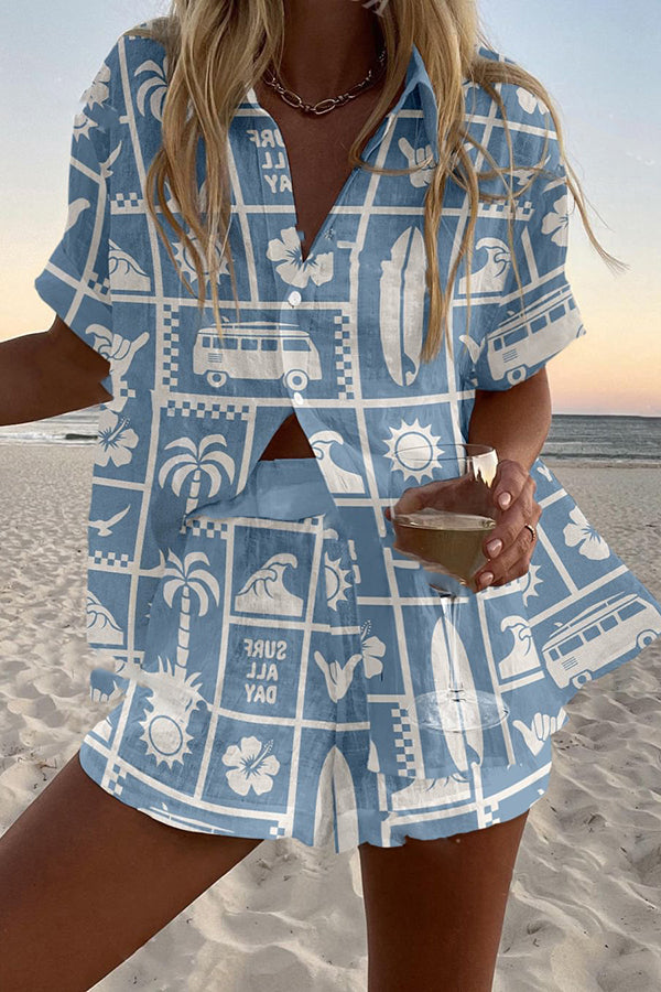 Travel Plaid Print Loose Button Elastic Waist Shorts Set