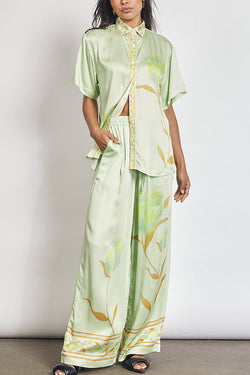 Niah Satin Tulip Print Lapel Short Sleeve Shirt and Elastic Waist Tie Pocket Wide Leg Pants Set