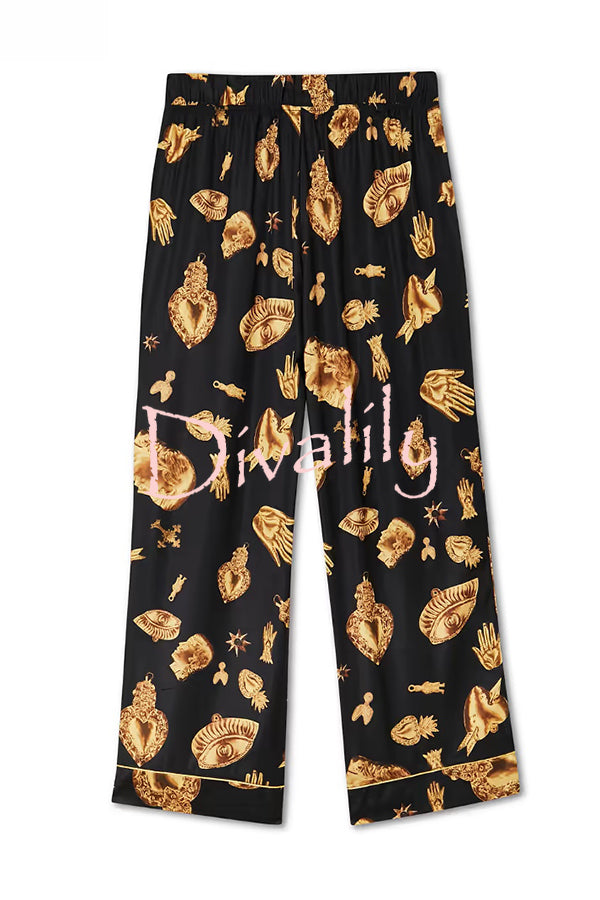 Golden Night Unique Print Color-block Trim Loose Shirt and Elastic Waist Pocketed Pajama Set