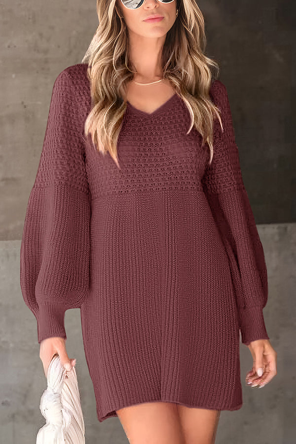 Solid Color V-neck Puff Sleeve Casual Knitted Mini Dress
