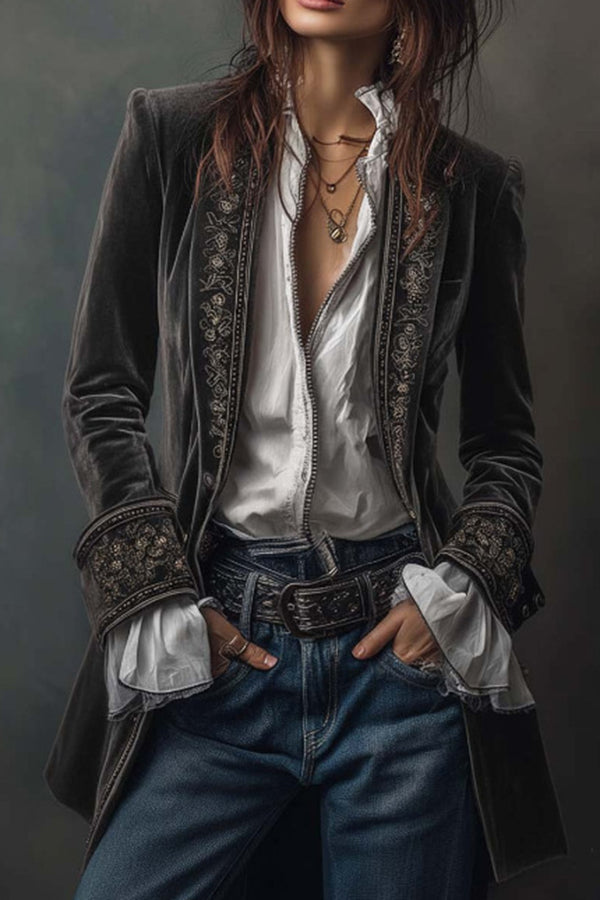 Gold Velvet Patchwork Printed Edge Long-sleeved Casual Jacket