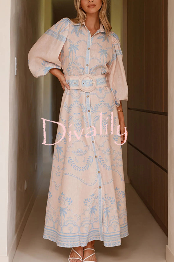 Linen Blend Lapel Puff Sleeve Casual Waist Belted Maxi Dress