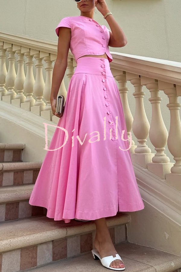 Solid Color Round Neck Button Crop Top and Elegant High Waist Slit Maxi Skirt Set