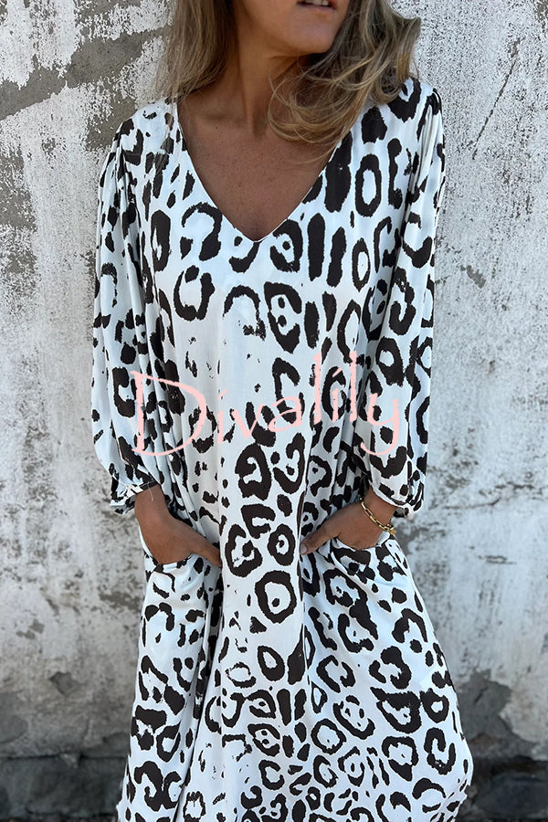 Leopard Print Loose V-neck Pocket Holiday Style Maxi Dress