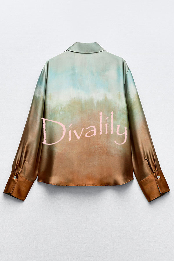 Fashionable Gradient Print Lapel Long Sleeve Casual Shirt