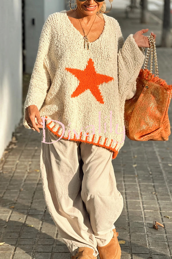 Warm Winter Day Texture Knit Star Pattern Contrast Color Loose Sweater