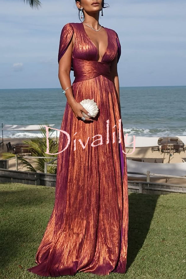 Dreamy Destiny Metallic Fabric Cape Sleeve Back Tie-up Maxi Dress