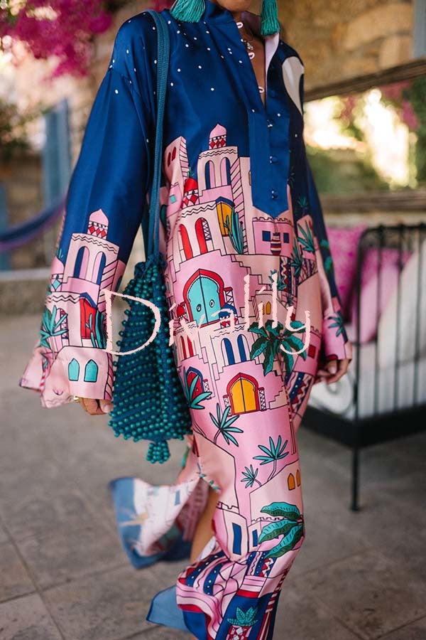 Seaside Stroll Satin Unique Print Button Up Long Sleeve Slit Kaftan Midi Dress