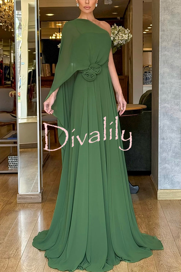 Iriena Chiffon One Shoulder Rose Decoration Waist Formal Maxi Dress