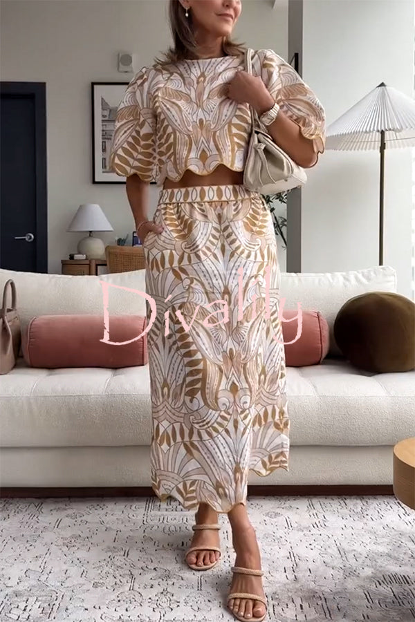 Korra Linen Blend Unique Print Wave Trim Bell Sleeve Top and Elastic Waist Pocket Midi Skirt Set