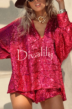 Fashion Sequin V-neck Long Sleeve Loose Top and Elastic Waist Casual Shorts Set