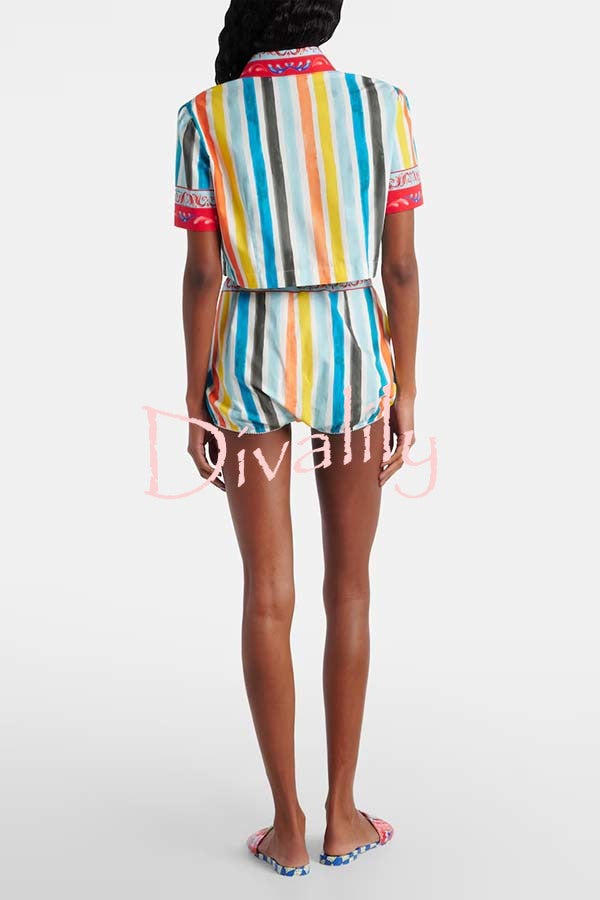 Rainbow Mood Unique Print Short Sleeve Crop Shirt and Elastic Waist Loose Bloomers Set
