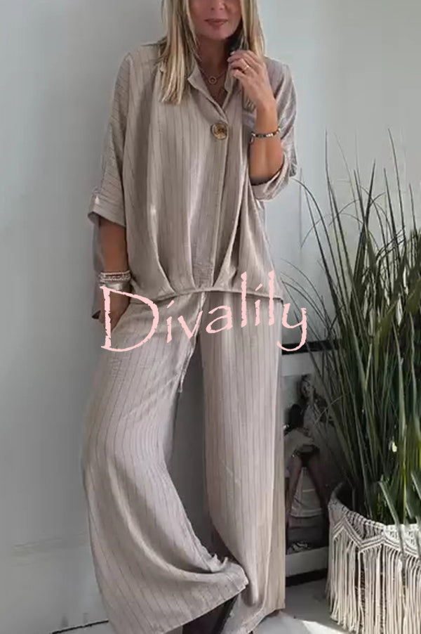 Fashion Striped Print Lapel Loose Top and Elastic Waist Casual Wide-leg Pants Set