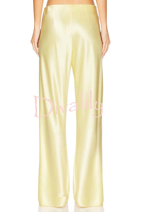 Odessa Satin Floral Lace Hem Strapless Tank and Mid Rise Wide Leg Pants Set