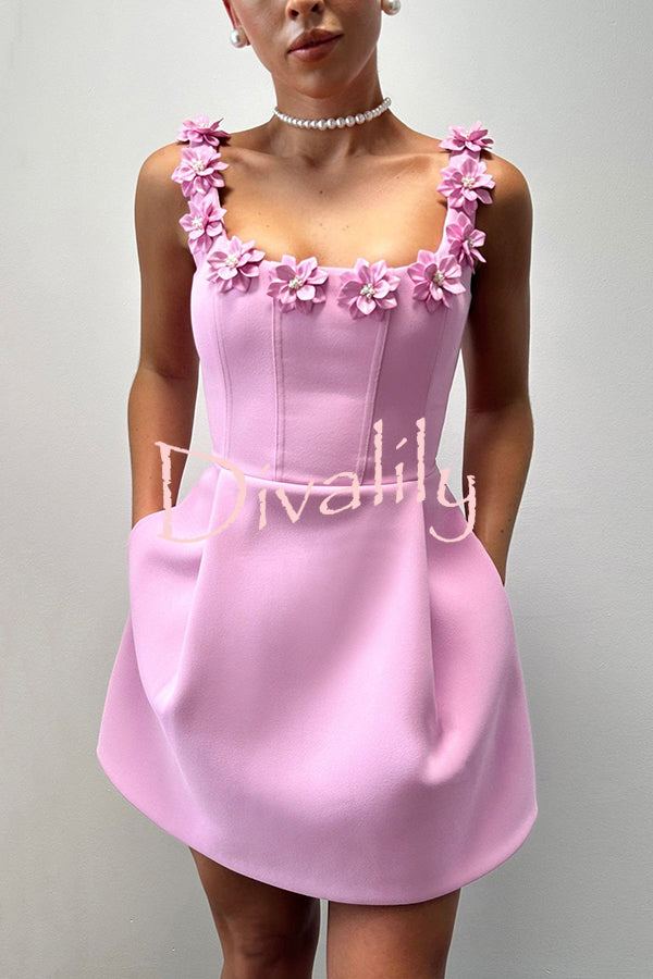 Cindy Faux Pearl Flower Applique Square Neck Pocketed Mini Dress