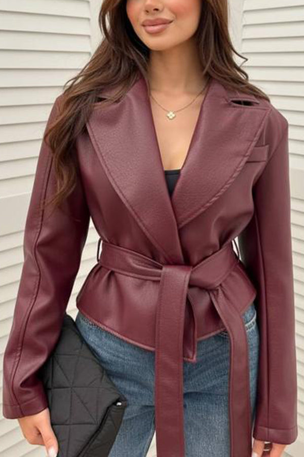 Solid Color Lapel Long Sleeve Waist Tie Loose Leather Jacket