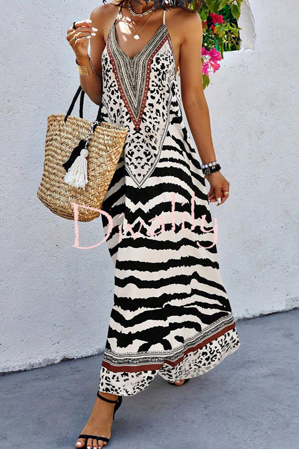 Zebra Print V-neck Open Back Loose Maxi Dress