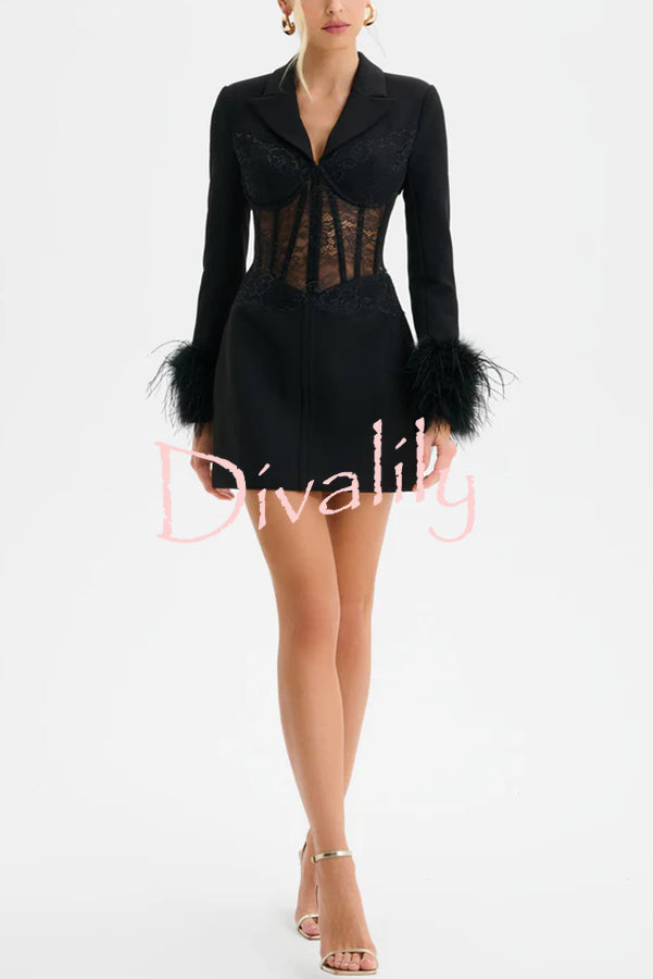 GIA Lace Corset Waist Feather Sleeve Structured Lapel Blazer Mini Dress