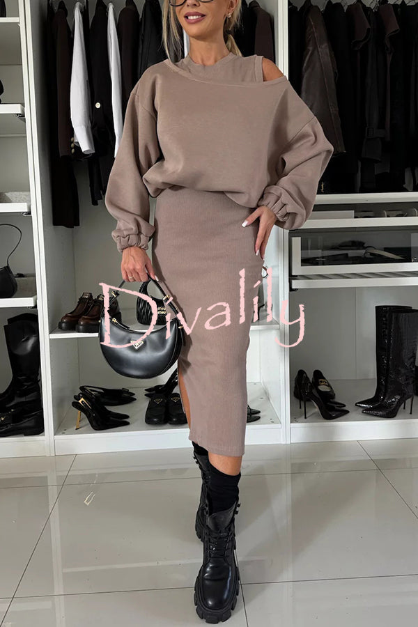 Lifestyle Wide Neck Relaxed Sweatshirt and Ribbed Tank Stretch Midi Dress Set