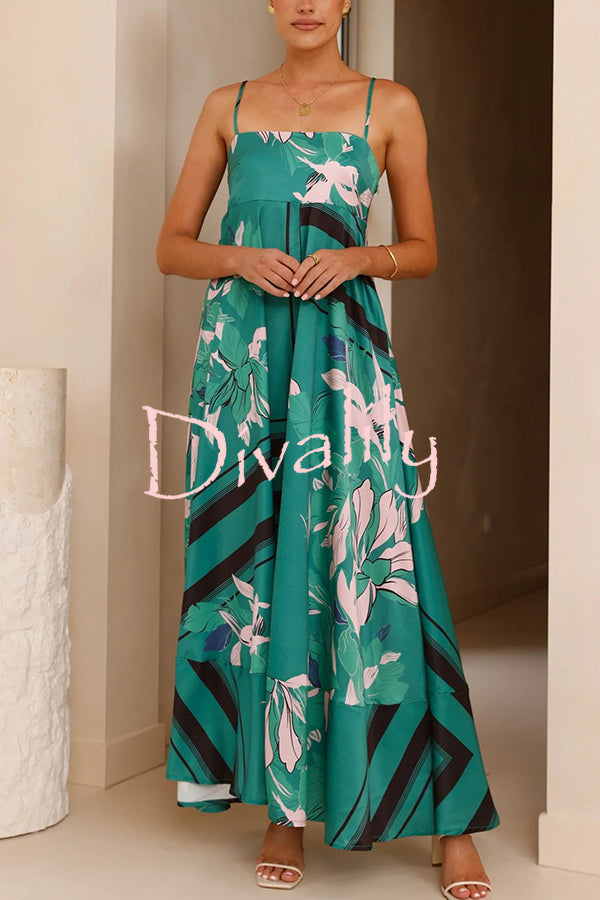 Botanical Print Square Neck Suspender Casual Full Hem Maxi Dress