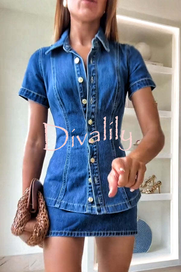 Modern Flavor Denim Short Sleeve Button Up Princess Seams Stretch Top