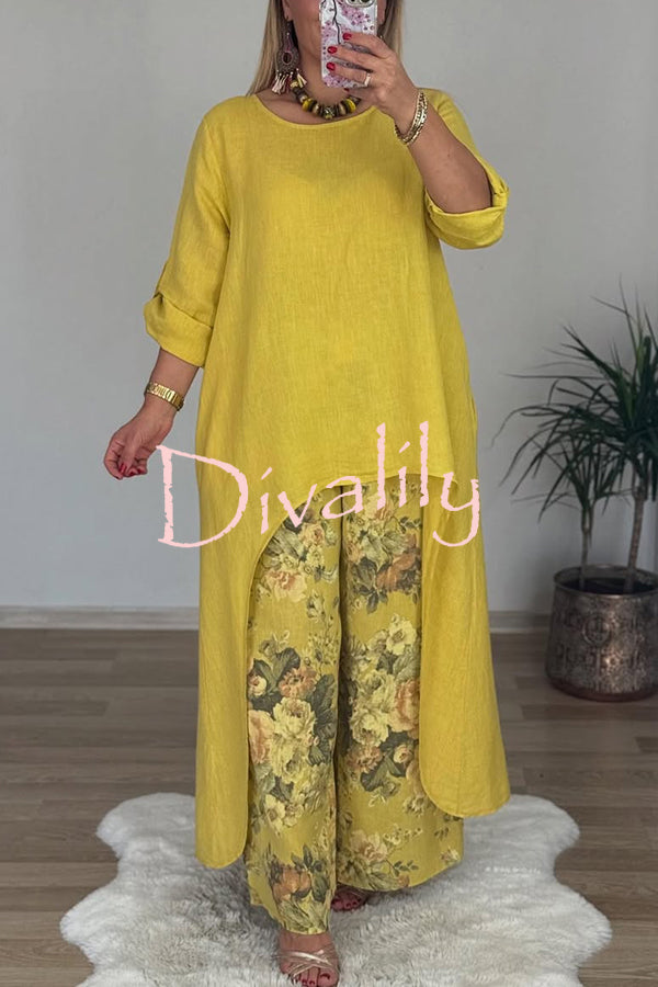 Linen Blend Crew Neck Long Sleeve Irregular Loose Top and Elastic Waist Floral Print Casual Pocket Set