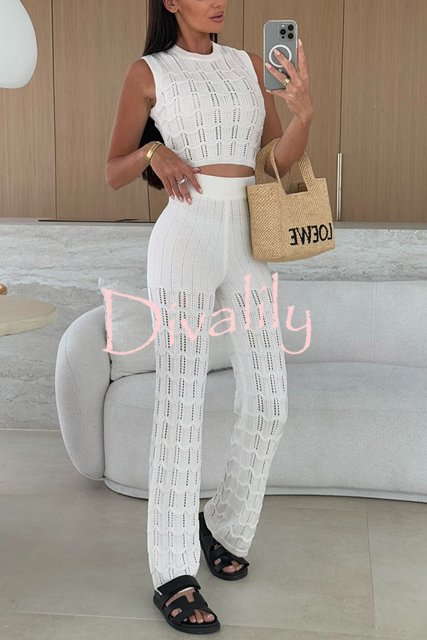 Solid Color Hollow Sleeveless Round Neck Knitted Vest and Stretch Casual Straight Pants Set