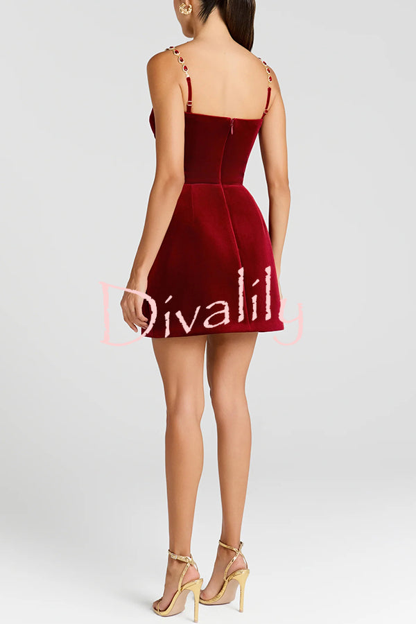 Harley Luxurious Velvet Fabric Jewel-embellished Shoulder Straps Pocket Tulip Mini Dress