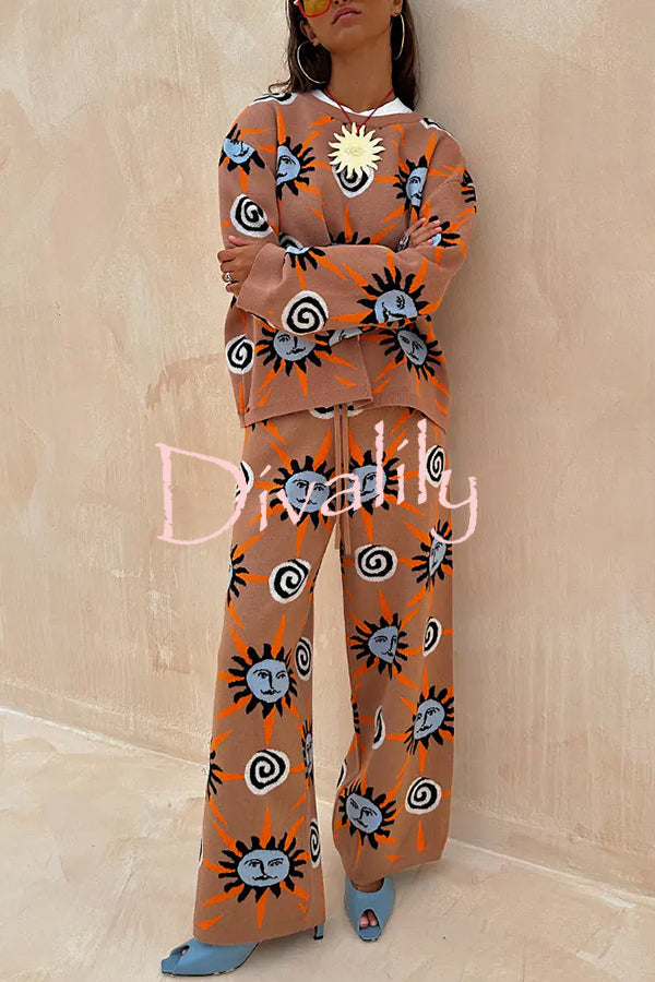Mediterranean Art Knit Unique Sun Vortex Print Long Sleeve Relaxed Sweater