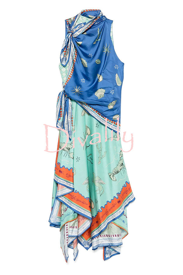Surrealist Summer Satin Unique Print Tie-up Details Layered Hem Scarf Maxi Dress