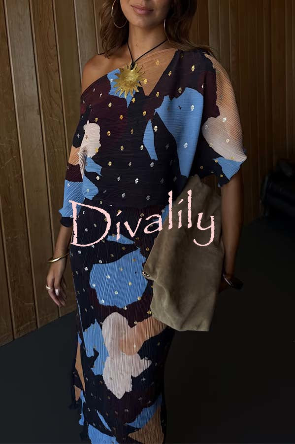 Mara Pleated Fabric Metallic Speckled Color Block Print One Shoulder Maxi Dress