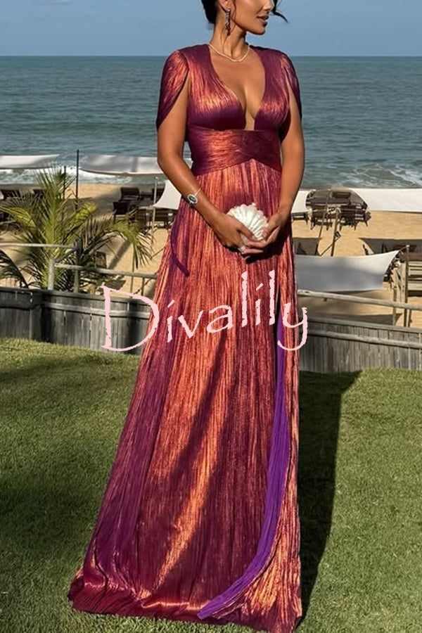 Dreamy Destiny Metallic Fabric Cape Sleeve Back Tie-up Maxi Dress