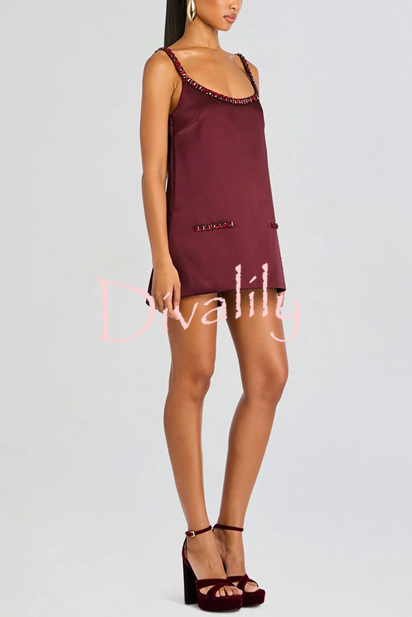Taste Red Wine Satin Gemstone Trim Round Neck Slip H-line Mini Dress