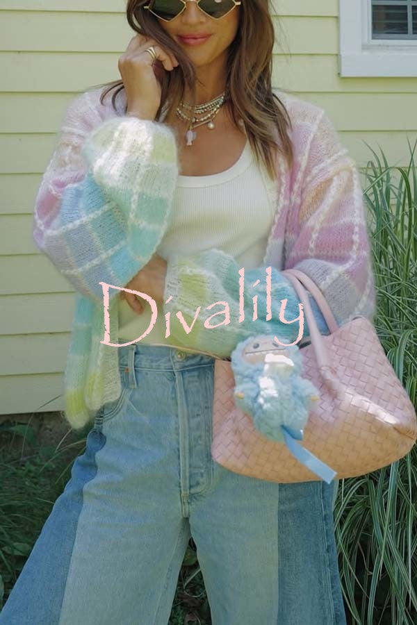 Palette Day Knit Color Blocks Open Front Balloon Sleeve Loose Cardigan