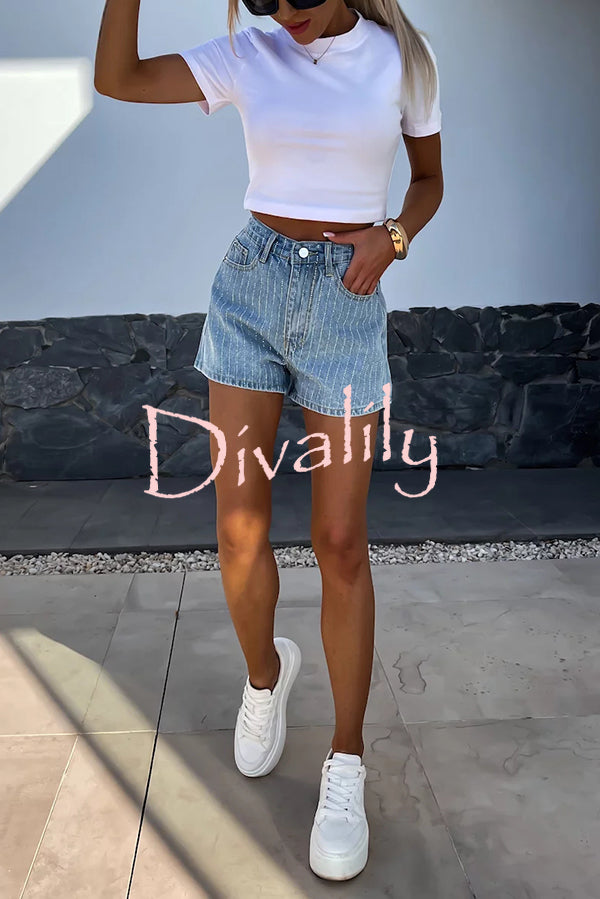 Fashion Rhinestone Loose Pocket Denim Shorts