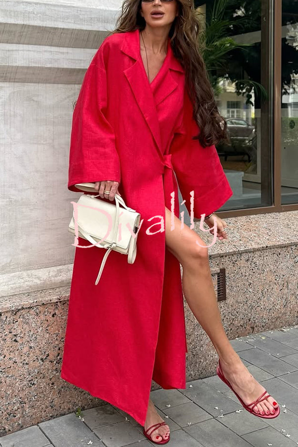 Linen Blend Solid Color Casual Lapel Tie Loose Maxi Dress