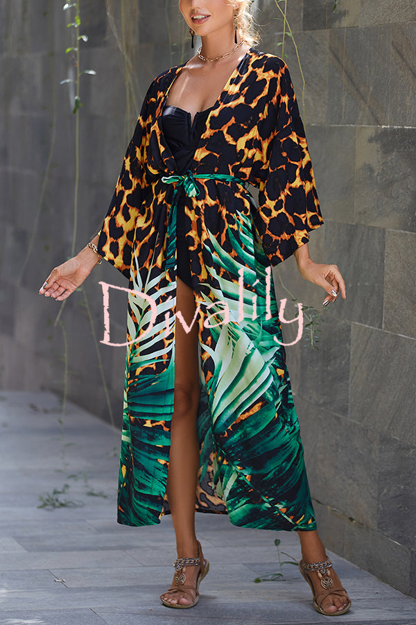 Unique Print Loose Lace Up Holiday Maxi Cover Up