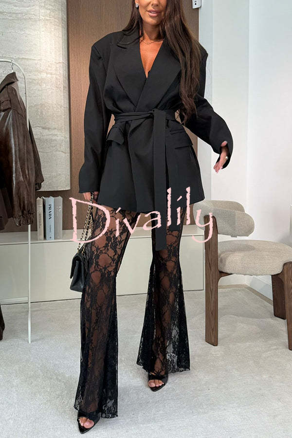 Chic Moment Floral Lace High Rise Elastic Waist Fishtail Hem Stretch Pants