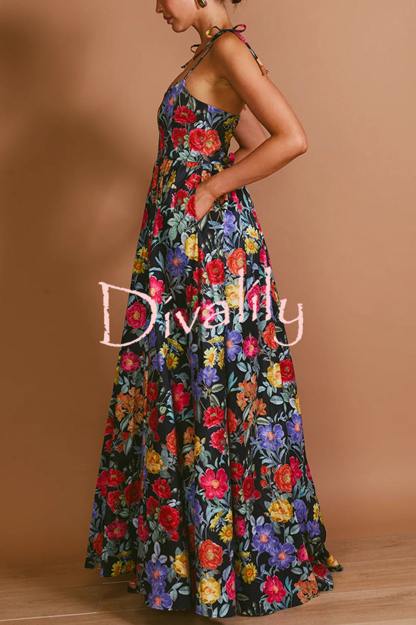 Garden Wedding Floral Print Back Tie-up Pocketed Slit Maxi Dress