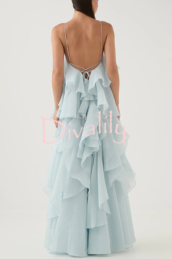 Free - Flowing Rose Detail Tiered Ruffles Halter A-line Maxi Dress