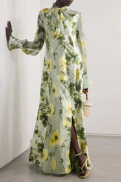 Floral Print Tie Neck Balloon Sleeves Elegant Maxi Dress
