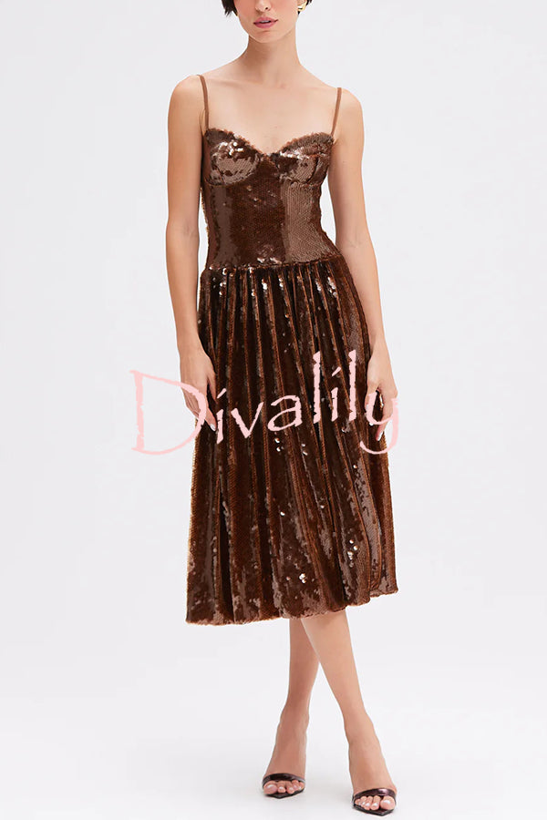 Enchanted Night Sequin Low-cut Corset Balloon Hem Slip Midi Dress