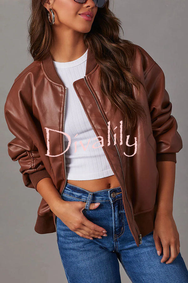 Solid Color Long Sleeve Loose Pocket Leather Jacket