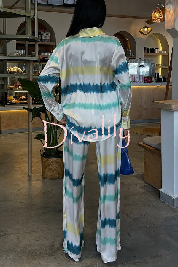 Lizbeth Satin Tie Dye Print Long Sleeve Shirt and Elastic Waist Pocketed Pants Set